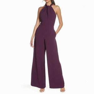 Julia Jordan halter neck jumpsuit, New size 8 plum crepe wide leg keyhole